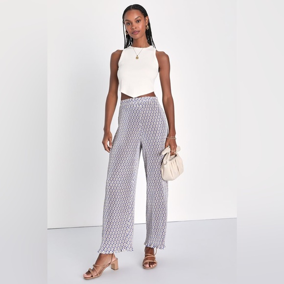 NWT Miami Afternoons Blue Multi Geo Print Plisse Wide-Leg Pants - Picture 1 of 6